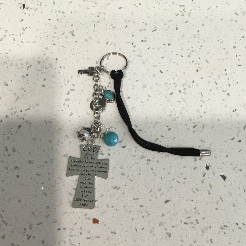 Silver Cross Rearview Mirror Car Charm with Turquoise Beads